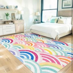  Rainbow Rug 4X6 Colorful Washable Rug Nonslip Nursery, Playroom, Dorm, Kids Bedroom Decor