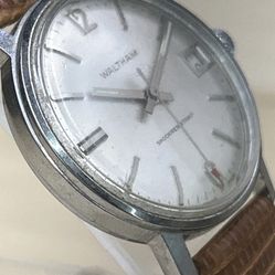 🐻🐻Rare Vintage Waltham 7 JWL Mens Manual Watch Date Lizard Red Arrow SWISS 60s🐻🐻