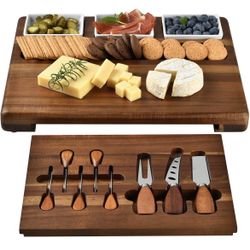 Shanik Large Acacia Wood Charcuterie Board Set with 3 Removable Ceramic Bowls & Serving Utensils
