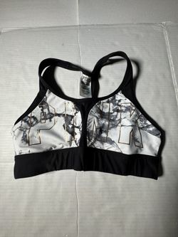 Pre Owned Good Last Photo Print Crack Victoria’s Secret PINK Sports Bra  Marble  Sheer Back Printed Black White Gold  Women Size Medium
