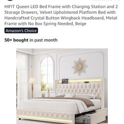 HIFIT Queen LED Bed Frame with Charging Station and 2 Storage Drawers, Velvet Upholstered Platform Bed with Handcrafted Crystal Button Wingback Headbo