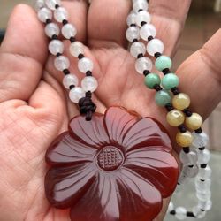 Carved carnelian flower shape pendant and jade beads necklace