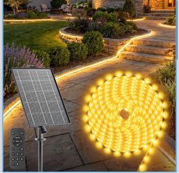 Brightown 66FT Solar Led Strip Lights Outdoor,640 LED Warm White Solar Rope Lights Outdoor IP 65 Waterproof,Flexible Self-Adhesive Lights with Remote 
