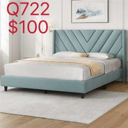 Upholstered Platform Bed with Wooden Slat Support and Tufted Headboard, Queen, Blue Lake(Q722)