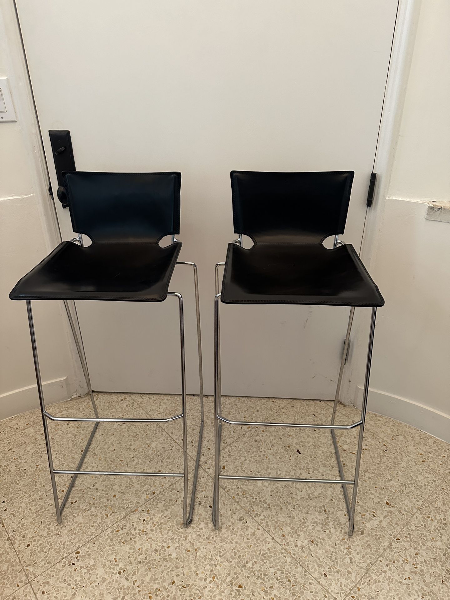 2 Modern Chrome And Leather Bar Stools