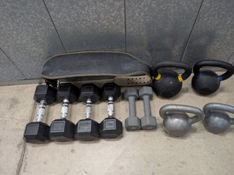Dumbbells, kettlebells, belt