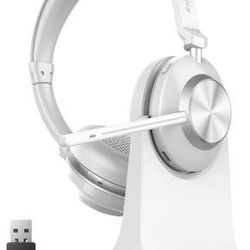 Jermissen Wireless Headset, Bluetooth Headset with Microphone Noise Cancelling, 45+Hrs Talktime Bluetooth Headset with Mic Mute &amp; USB Dongle for P