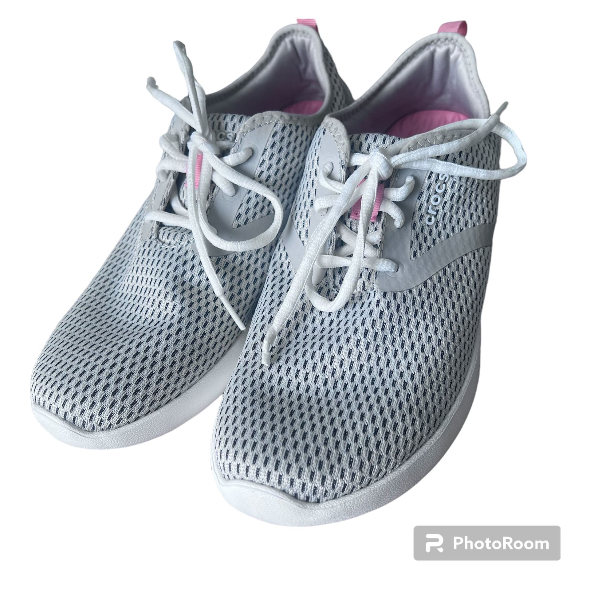 Crocs Womens Literide Mesh Lace-up Sneakers Grey/White Pink Size 10