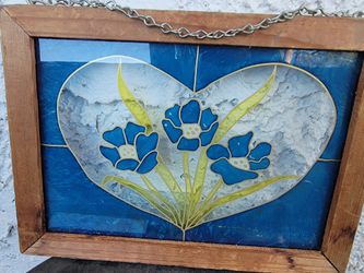 Blue Abstract Flower stained  Glass Painting: 3D Modern Art wood frame and chain sun catcher