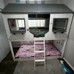 White twin over twin wood house bunk bed
