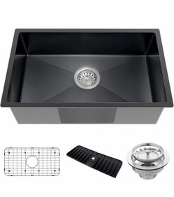 Black 30x18In Undermount Kitchen Sink, Stainless Steel, Single Bowl