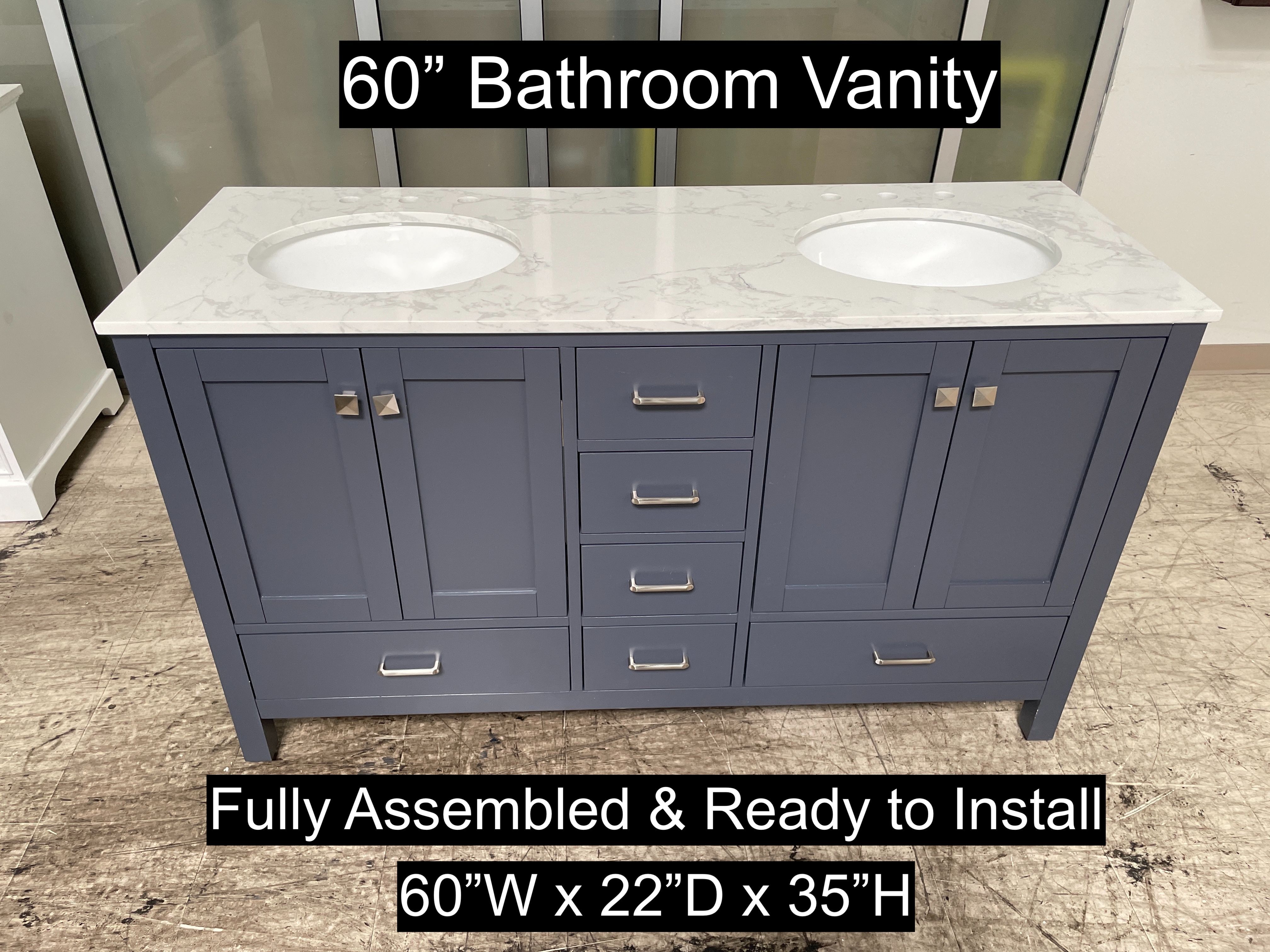 60" Bathroom Vanity with Engineered Carrara Countertop & Solid Wood & Plywood Cabinet # 3367