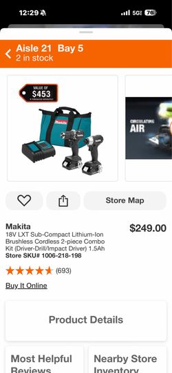 Makita 18V LXT Sub-Compact Lithium-lon Brushless Cordless 2-piece Combo Kit (Driver-Drill/Impact Driver) 1.5Ah