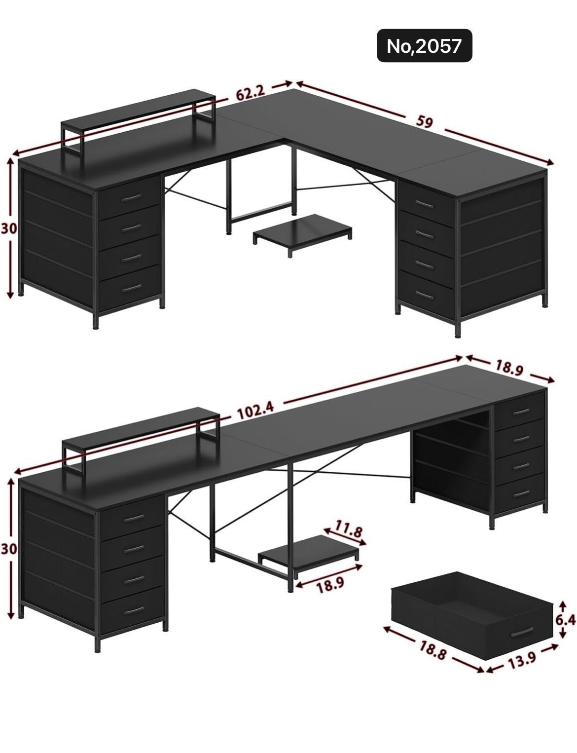102”Computer desk & L Shaped Computer Desk with 8 Drawers, Writing Desk with Large Storage for Home Office, Corner Gaming Desk with Monitor Shelf (Bla