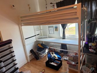 Twin Metal Loft Bed with Desk & Shelves, White