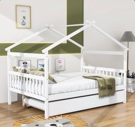 Full Size Wooden House Bed With Twin Trundle (White)