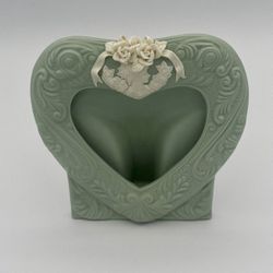 Vintage Small Sea Foam Green Victorian Heart Porcelain Frame w/ White Roses, Ribbon and Lady Portrait Design