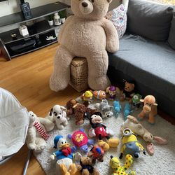 Soft toys and 5ft giant teddy bear.