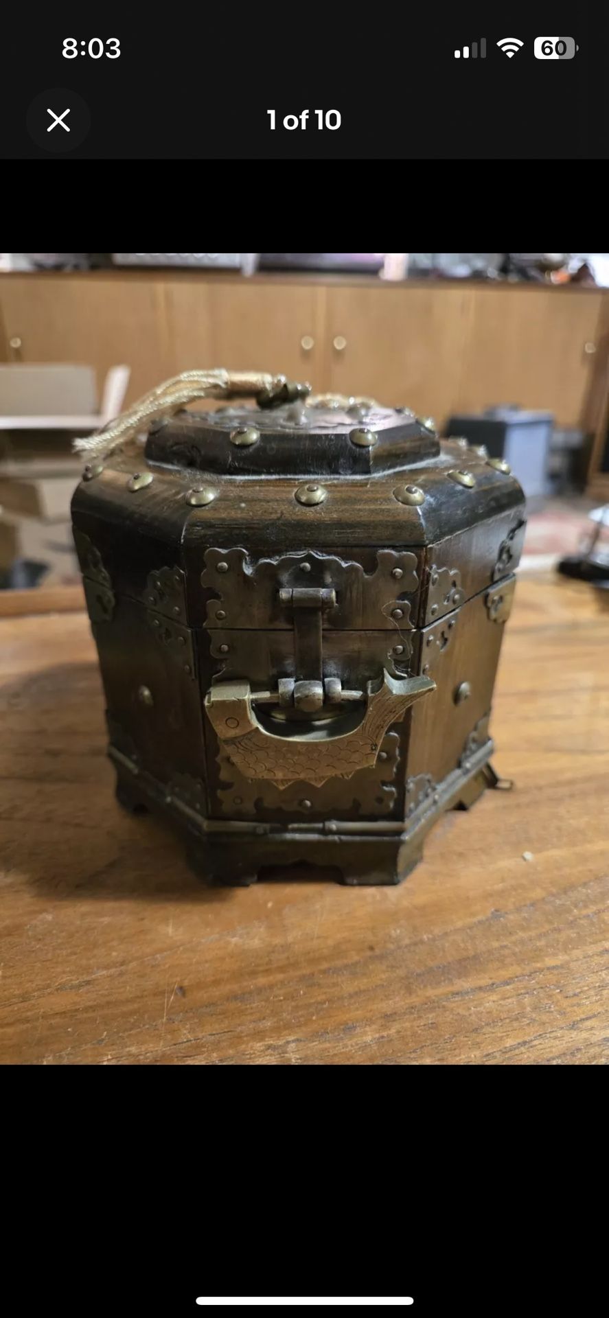 Antique Octagonal Carved Wooden Box With Metal Accents And Lock- Joseon Dynasty