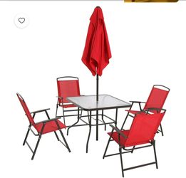 Mainstays Albany Lane Steel 6-Piece Outdoor Patio Dining Set with Umbrella, Red