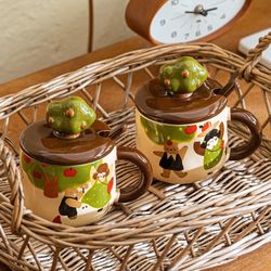  Cute Retro Women's Ceramic Mug with Lid - Stylish High-Value Design Water Cup for Drinking, Coffee Cup for Home Use
