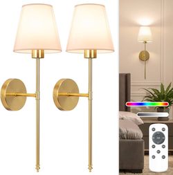 Set of 2 battery-operated wall lights, rechargeable gold wall lights with 5200mAh dimmable bulbs and remote control, 10-color wireless wall lamps for 