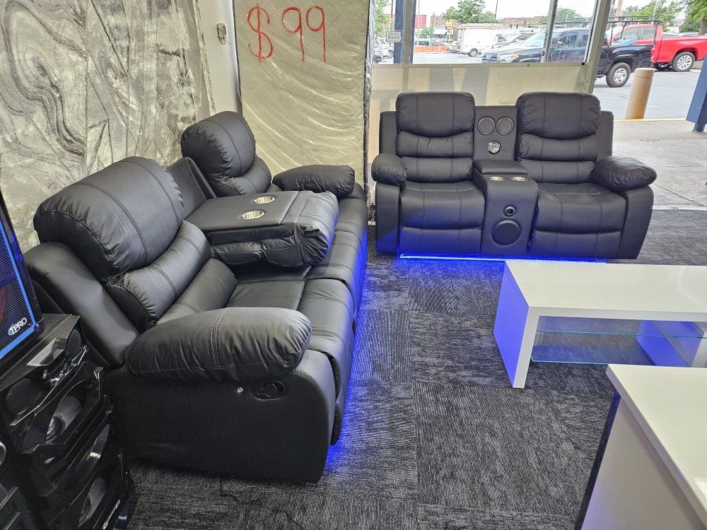 New In Stock Black LED Speaker Recliner 2pc Sofa Loveseat Special 