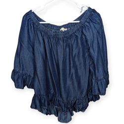 Jane & Delancey Blue Denim Style Off The Shoulder Top Ruffle Sleeve Women