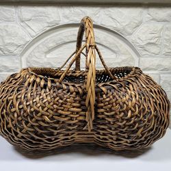 VINTAGE Huge Handmade Wicker Woven Butt Basket Rustic Cabin 20"L x 18"W x16"H