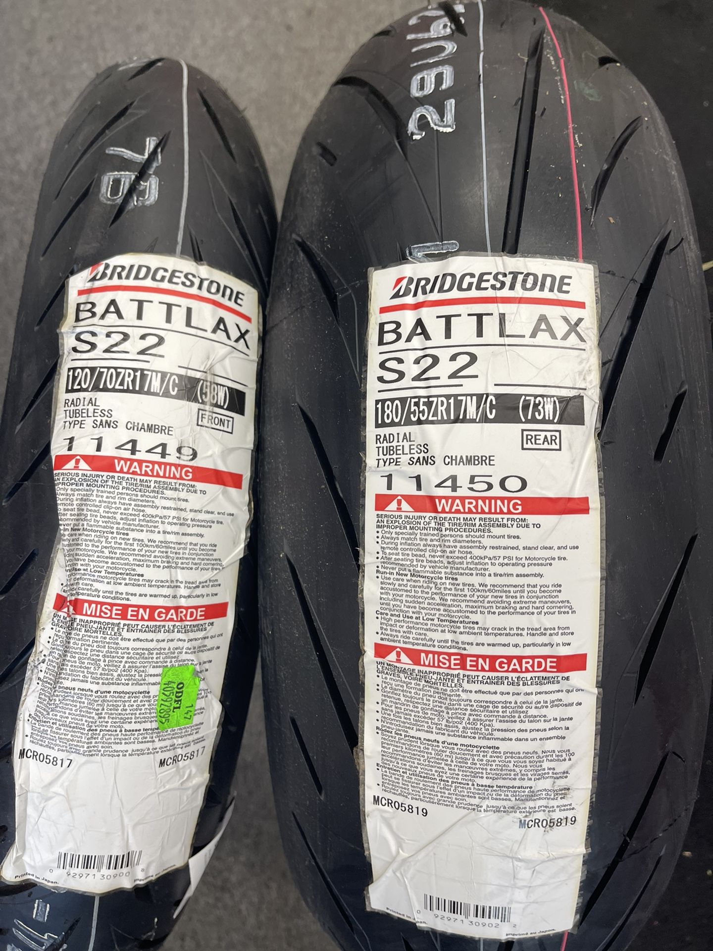 Bridgestone S22 Tire Set 120/180