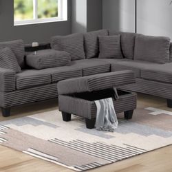Amazing Deal!! Cozy Corduroy Sectional – now with a FREE Storage Ottoman!