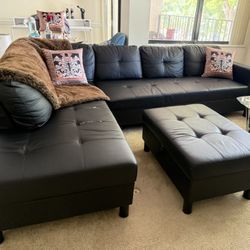 Black Leather Sectional Sofa With Storage Ottoman 