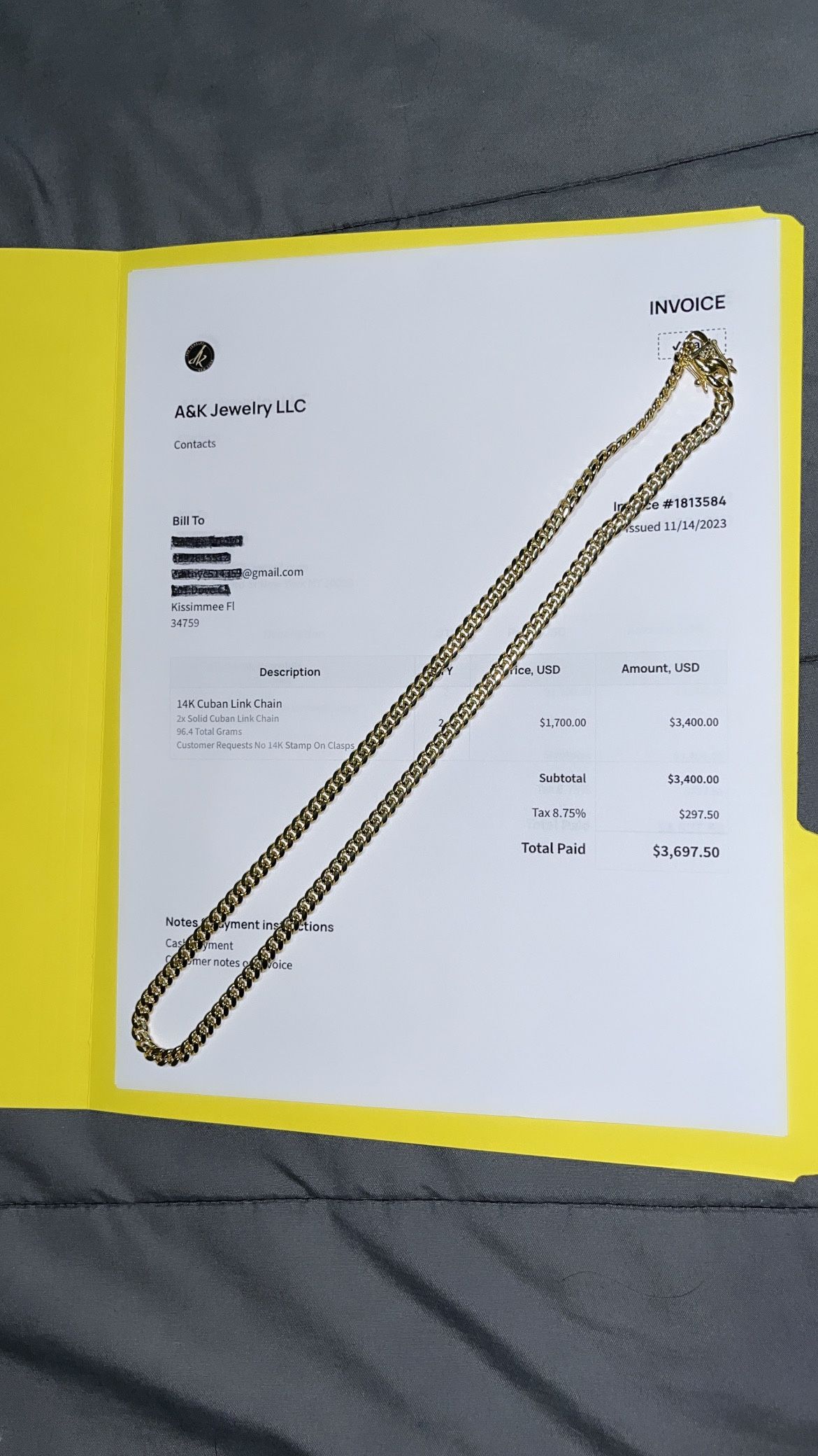 14k Cuban link chain Weight 48.2 grams solid Have invoice 🧾 and receipt Paid 1,700$ I requested no 14k stamp on clasps have that on invoice 🧾 as we
