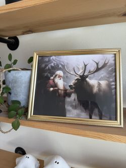 Santa And Reindeer Gold Framed Christmas Print 