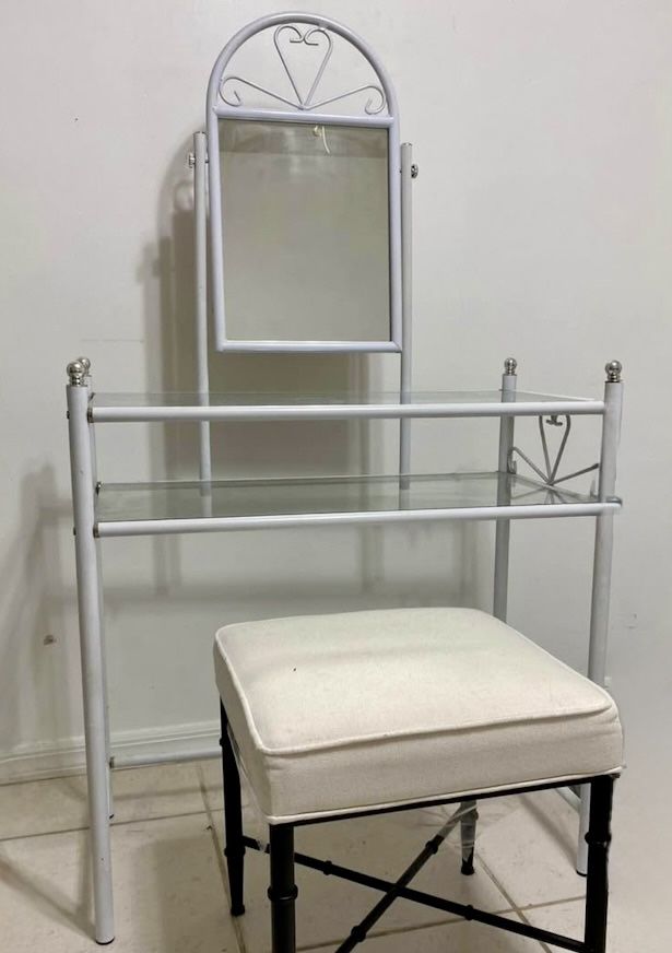 White Glass Vanity Desk w/ Mirror & Stool - Makeup Table, Compact, Cute