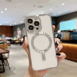 IPhone 15 Pro MAX SILVER GREY Glitter Mag Safe Magnetic Plating Case Cover NEW