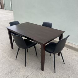 5 Piece Dining Set Wooden Table & Black Faux Leather Chairs