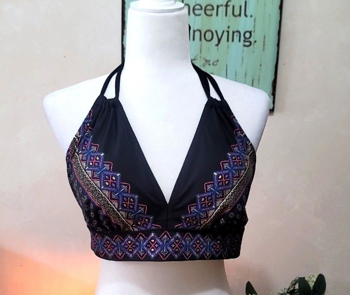 Swimsuits For All Black Halter Bikini Top with Colorful Geometric Pattern