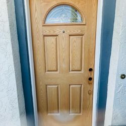 Solid Wood Front Door 35¾” x 79” w/ Decorative Glass Window – Pecan Finish