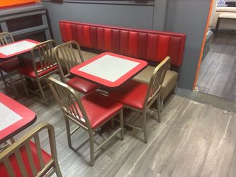 Slim tall refrigerator 2,long benches 1 small bench 5 tables 20 chairs plus 8 tall chairs  everything match