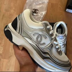 Chanel Interlocking CC Logo Sneakers - White/Silver - Women's - Used - With Dust Bag
