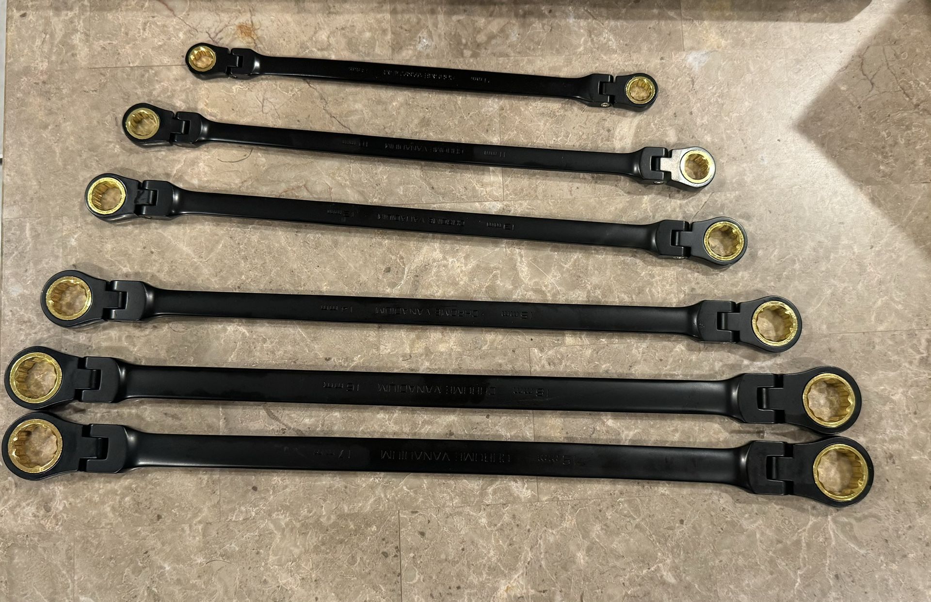 Extra Long Flex Head Ratcheting Wrench Set 6PCS (8-19mm) Double Box End Metric EVA Foam 180° Flexible Head 15K Gear Cycles Tested Black Chrome Finish 