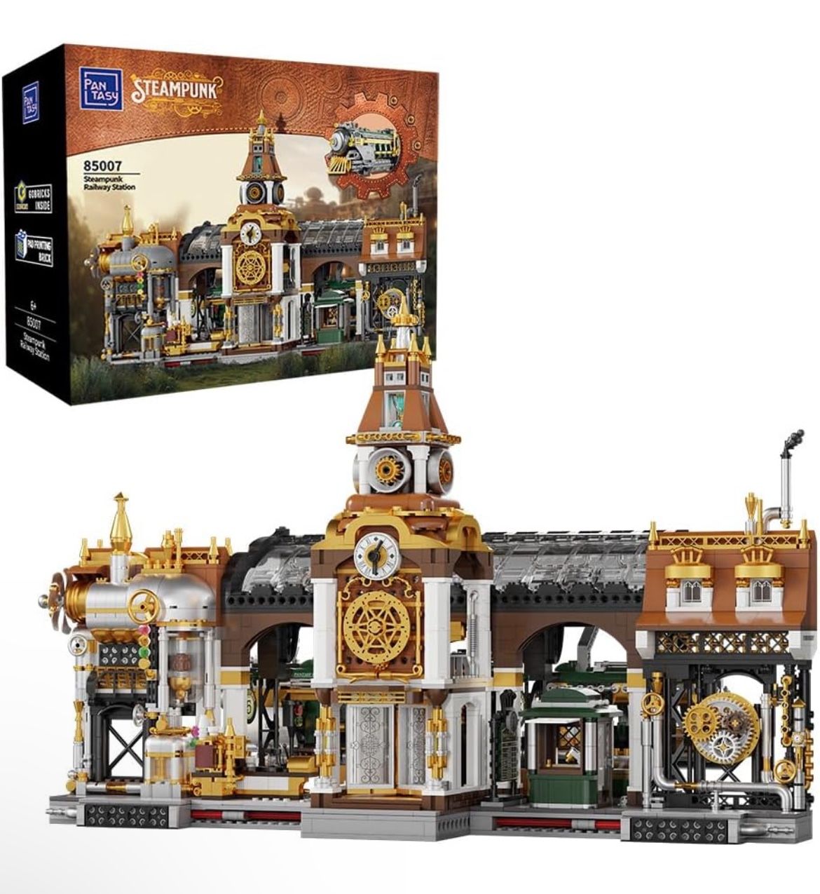 PANTASY Train Station Architecture Building Set Steampunk Railway Station Building Bricks Set