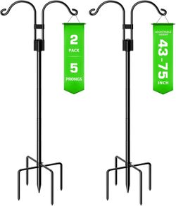 SVOPY 76 Inch Bird Feeder Pole with 5 Prongs Base, 2Pack Double Shepherds Hook for Bird Feeder, Adjustable Heavy Duty Bird Feeder Hangers for Outside 