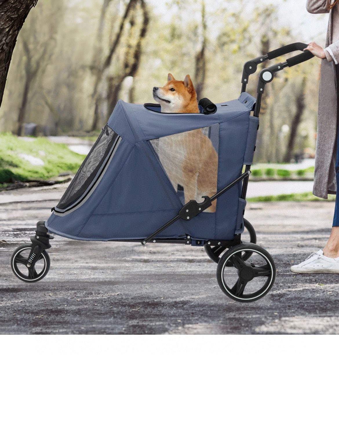 Folding Dog Stroller Blue Portable Pet Travel Carrier Cart with Foot Activated Lock Cat Stroller,Pet Stroller,Small Animal Cart,Adjustable