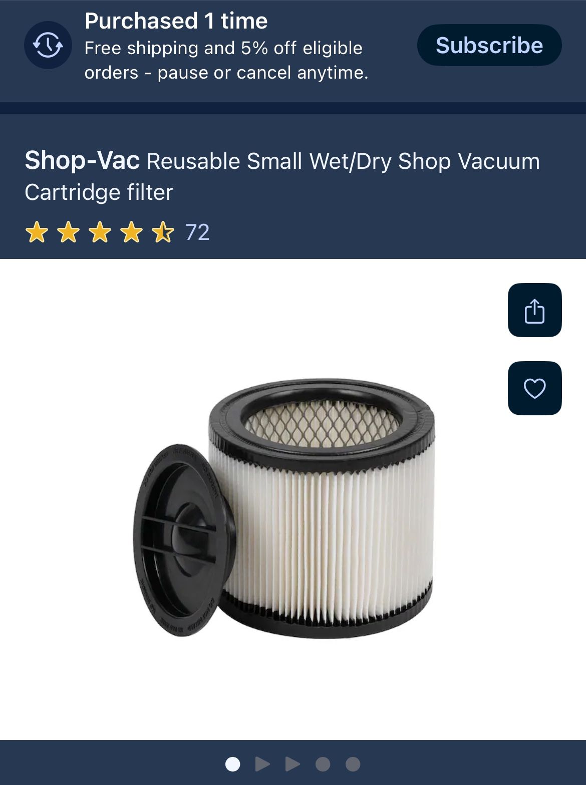 Shop-Vac Reusable Small Wet/Dry Shop Vacuum Cartridge filter 5 gallon and up