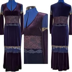 80s Casadei Slit Maxi Dress Vintage Size L Mesh & Lace Insert Velvet V-Neck USA