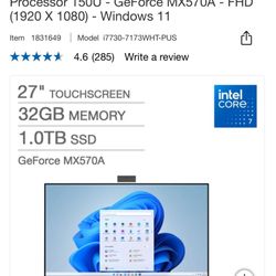 Dell Inspiron 7000 Series 27" All-In-One Touchscreen Desktop - Intel Core 7 Processor 150U - GeForce MX570A - FHD (1920 X 1080) - Windows 11