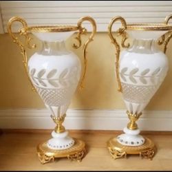 italian handcut Crystal and bronze set of vases 