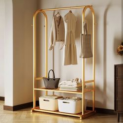 Gold Clothing Rack w/ Shelves & Hooks